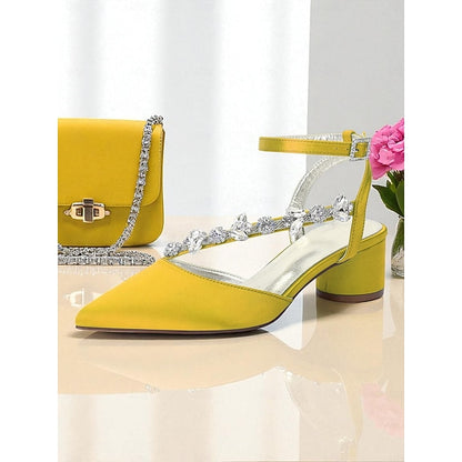 Block Pumps Heel Purple with Satin Rhinestone Women's