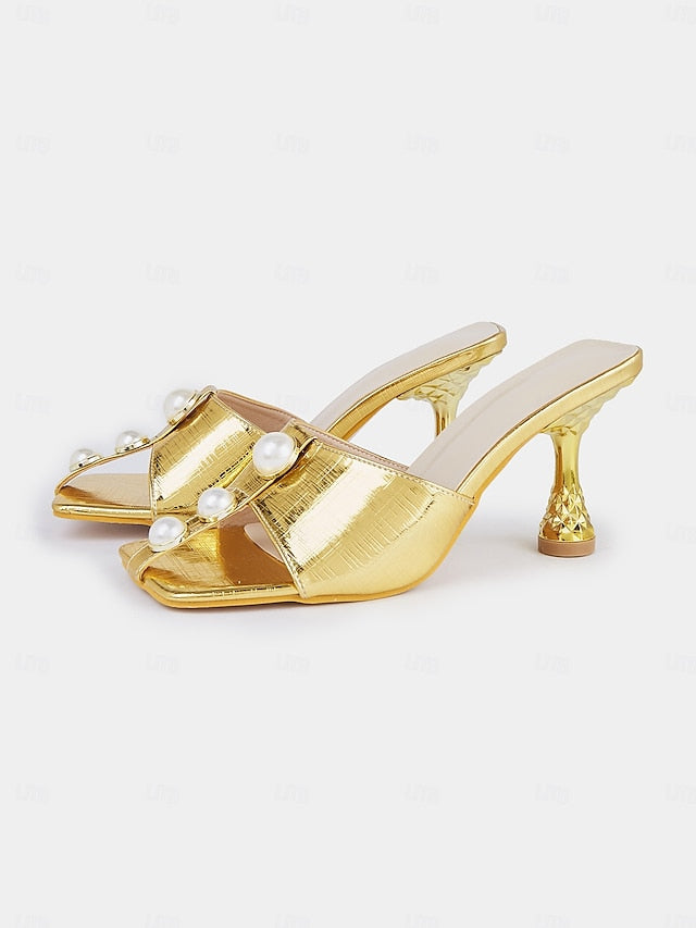 for Women Detailing with – Pearl Gold Open-Toe Elegant Mules