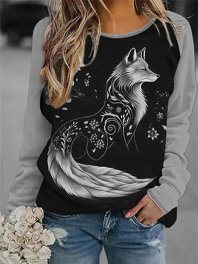 Women's T Shirt Casual Print Long Sleeve Long Tops Crew