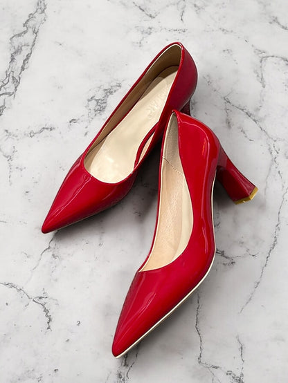 Green Leather Glossy Pumps Patent Heel Faux Block Pointed-Toe