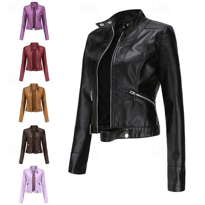 Faux Zipper Jacket Pocket Leather Women's Comfortable