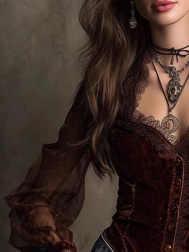 Women's Shirt Blouse Lace Tops Mesh Leopard Elegant Vintage