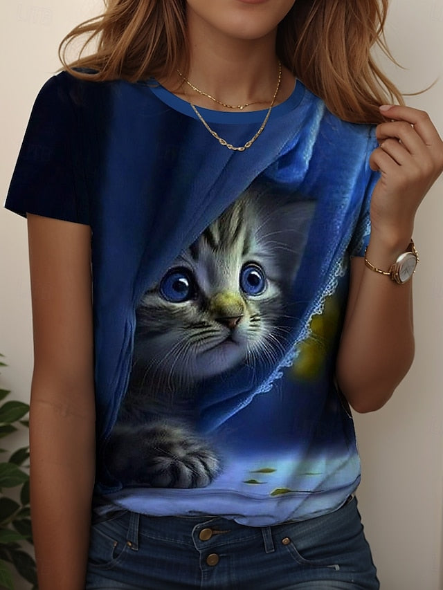 Women's T Shirt Print Graphic Animal Cat Vintage Stylish
