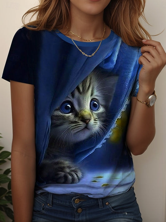 Women's T Shirt Print Graphic Animal Cat Vintage Stylish