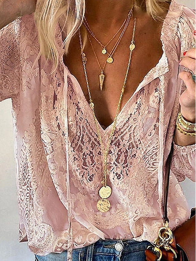 Women's Boho Lace Blouse V Neck Long Sleeve Casual