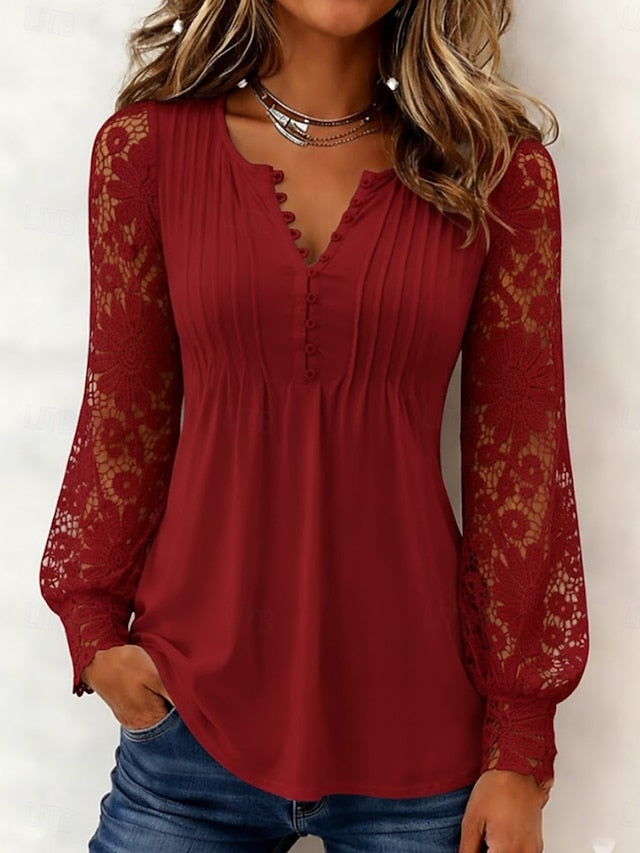 Women's Blouse Lace Patchwork Buttons Solid Color Elegant