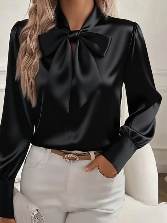 Women's Shirt Elegant Dressy Satin Top Bow Plain Elegant