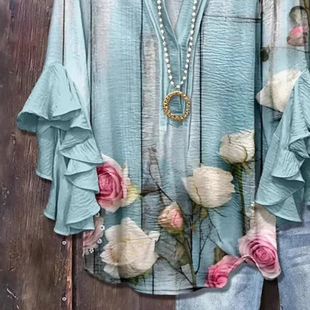Floral Ruffle Modern T Top Women's Shirt Tee Print Fashion
