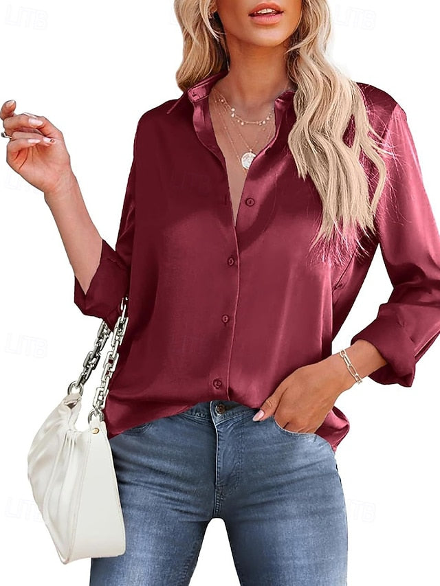 Women's Shirt Elegant Satin Top Blouse Buttons Plain