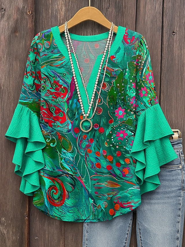 Women's Blouse V Neck Layered Ruffle Sleeve Tops Graphic