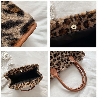 Tote Bag with Leather Faux Leopard Print Brown Women's Fur