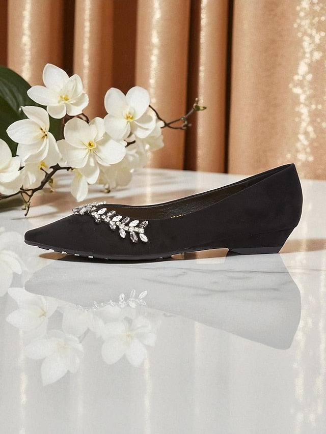Rhinestone Women's Toe Pointed Flats Black with Suede