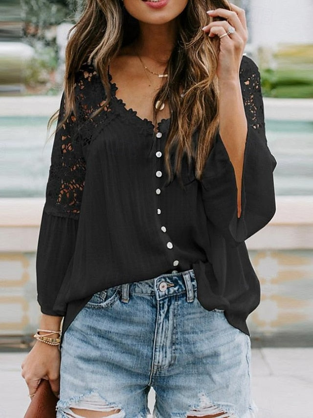 Women's White Elegant Lace Tops Eyelet Blouse Stylish