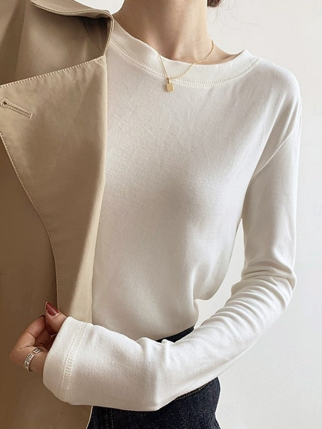Women's Blouse Solid Color Stylish Casual Long Sleeve Crew