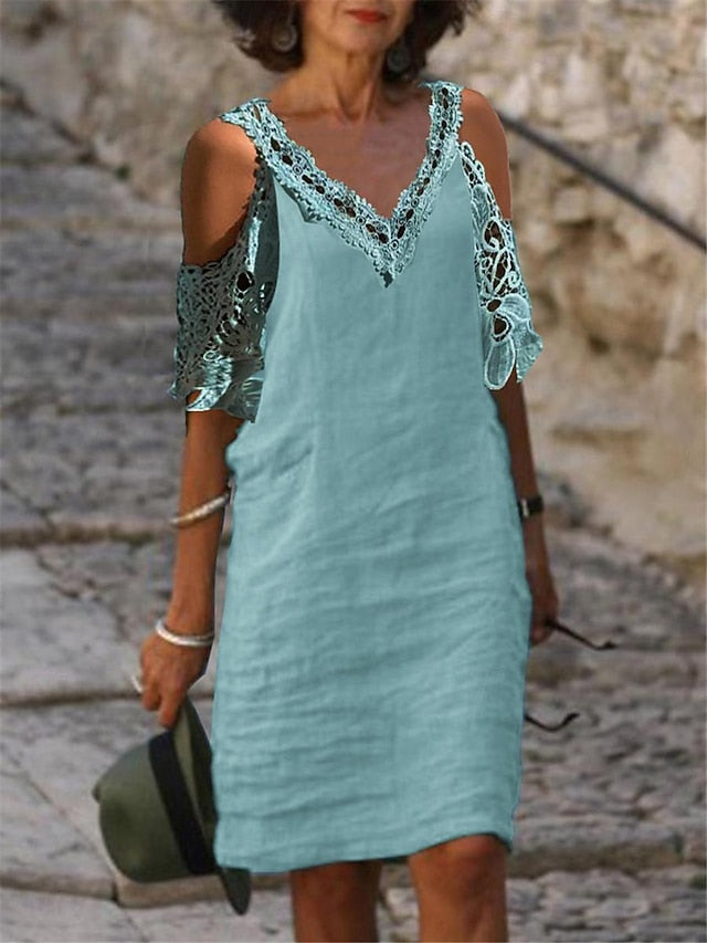 Women's Blue White Green Summer Spring Midi Dress Faux