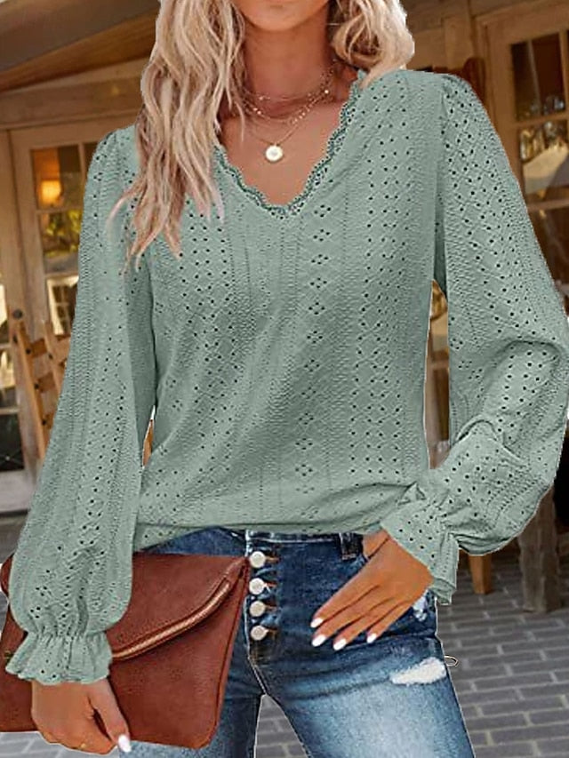 Women's White Elegant Lace Tops Eyelet Blouse Stylish Solid