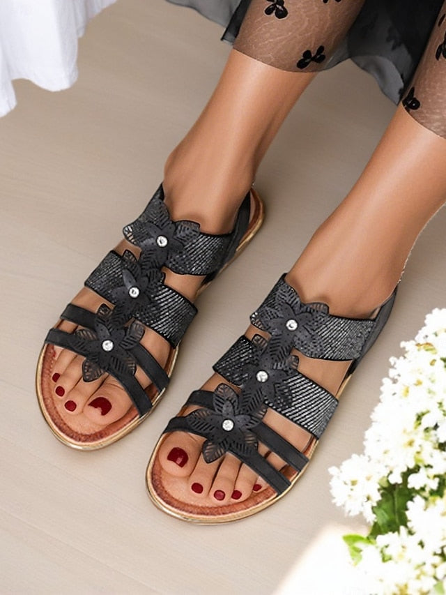 Floral Rhinestone Sandals Flat Women's Beige – Elegant