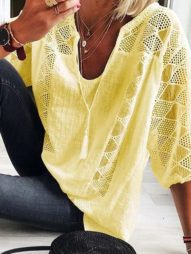 Women's Pointelle Shirt Eyelet Top Blouse Lace Tops Lace