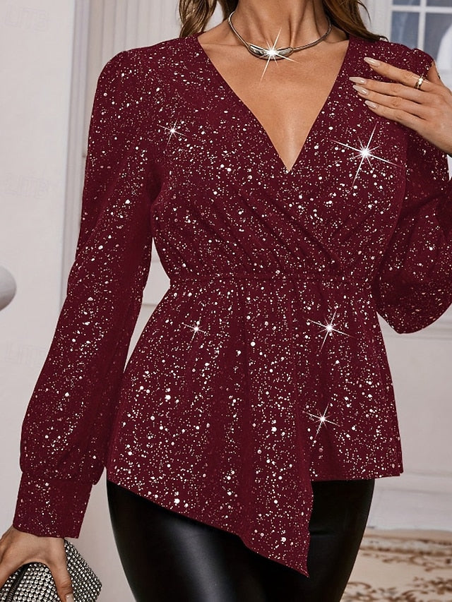 Women's Shirt Elegant Satin Top Blouse Sequins Asymmetric