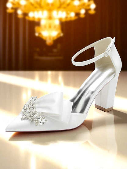 Bow Pumps with and Heel Satin Crystal Women's Block