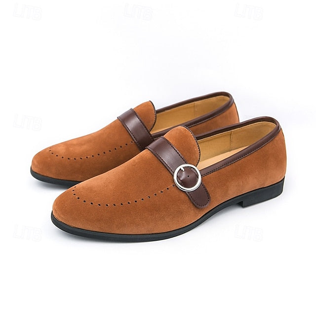 Loafers Buckle Slip-On Strap Brown Suede with Faux Men's