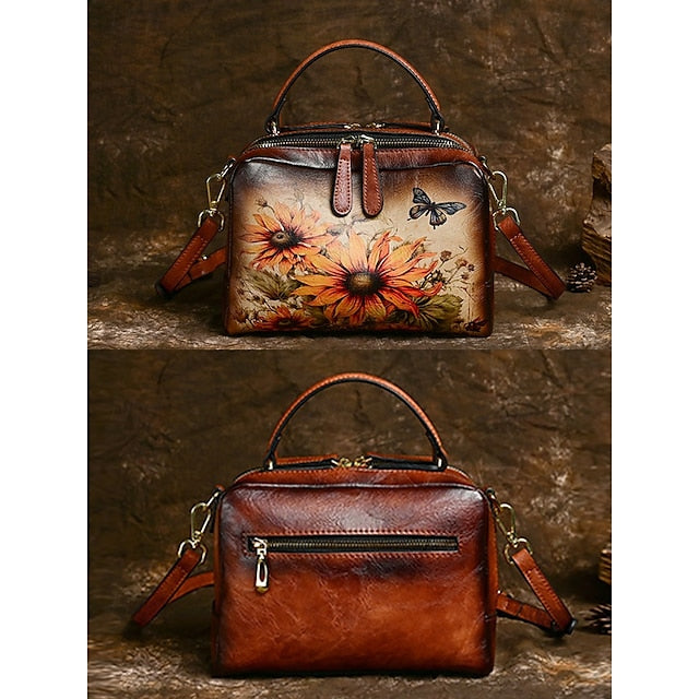 – Sunflower Print Vintage with Handbag Leather and Butterfly