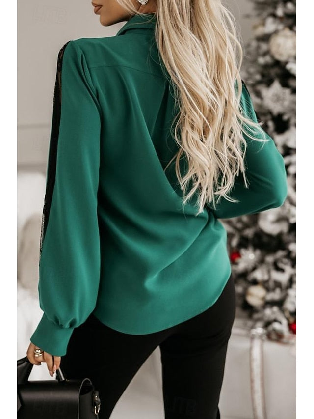 Shirt Lace Shirt Blouse Mesh Patchwork Top Women's Black
