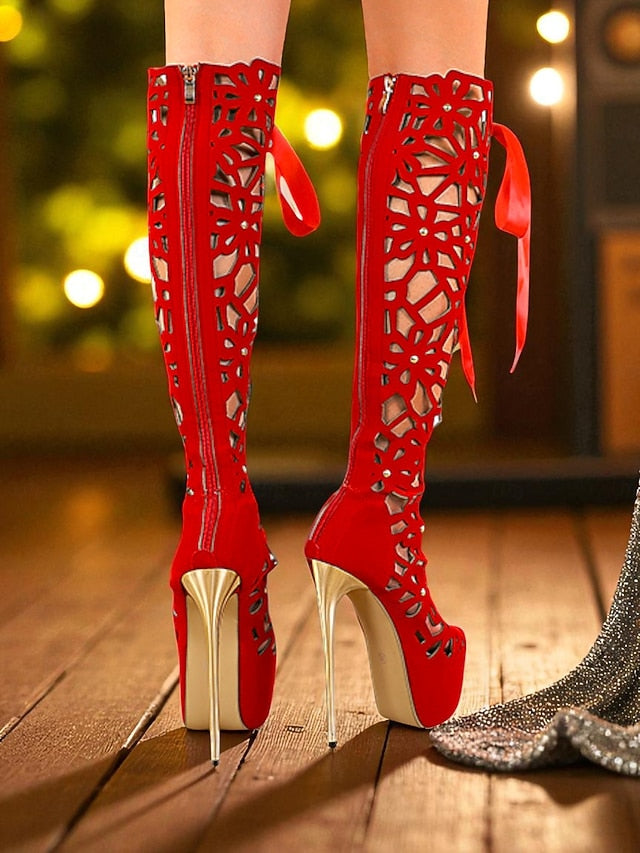 Cutout Peep Knee Boots Sexy Platform Stiletto High Women's