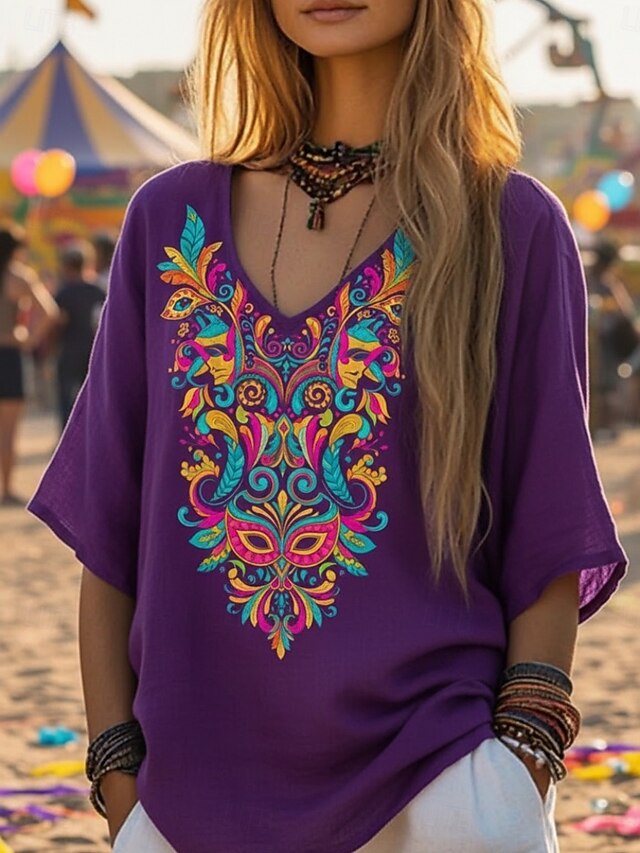 Mardi Gras Women's Boho T-shirt T Shirt Tee Top Print
