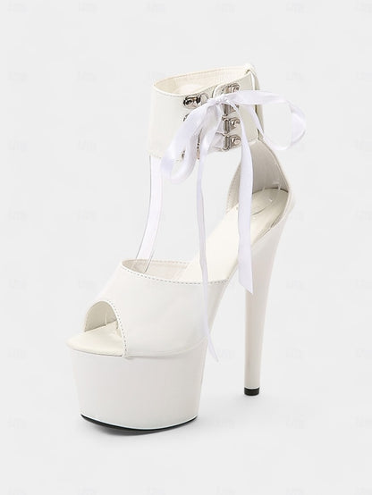 Straps Black Patent Leather Lace-Up Sandals Ankle Platform with