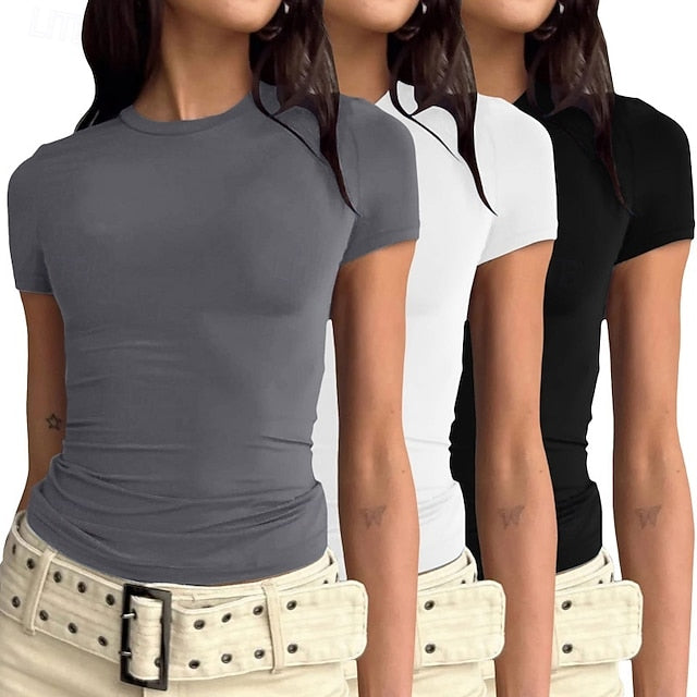 Multi Packs 3pcs Female Crew Neck Short Sleeve Black+white+grey