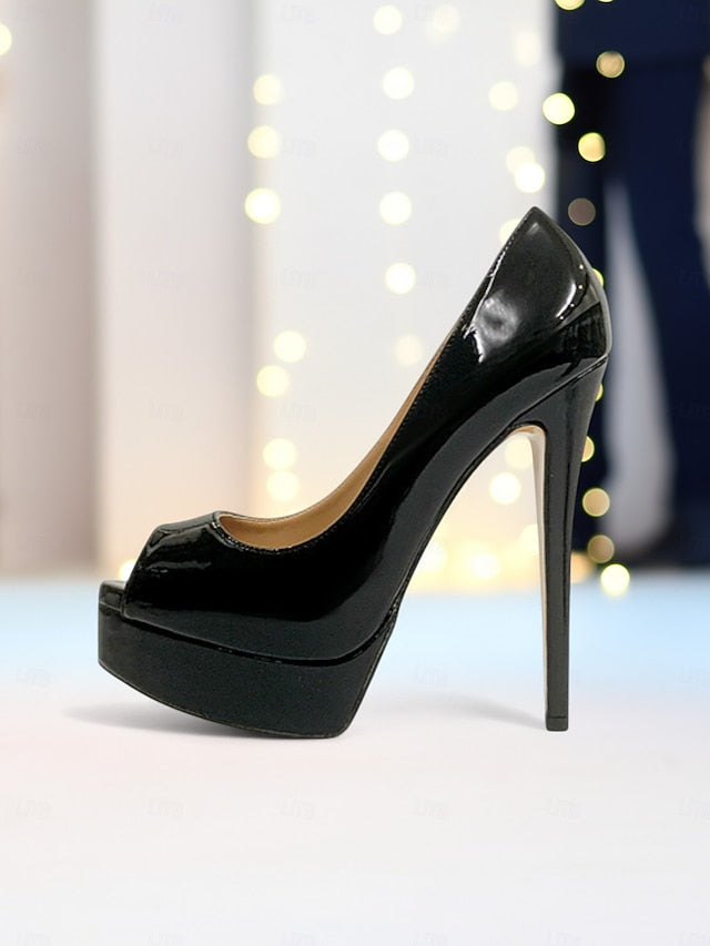 Black High Peep Leather Heels Patent Platform Toe Women's