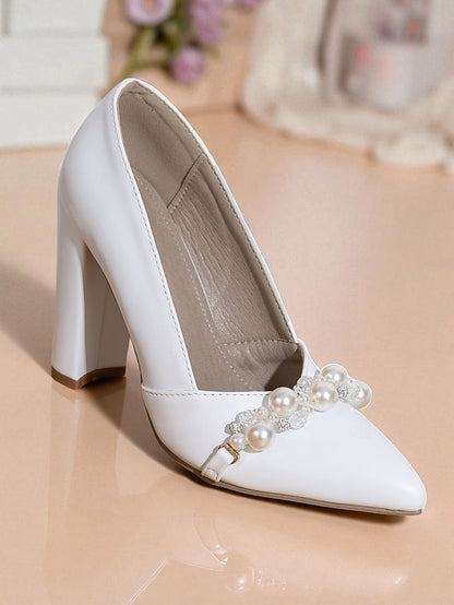 Pearl Block Pumps Decor Women's Heel White
