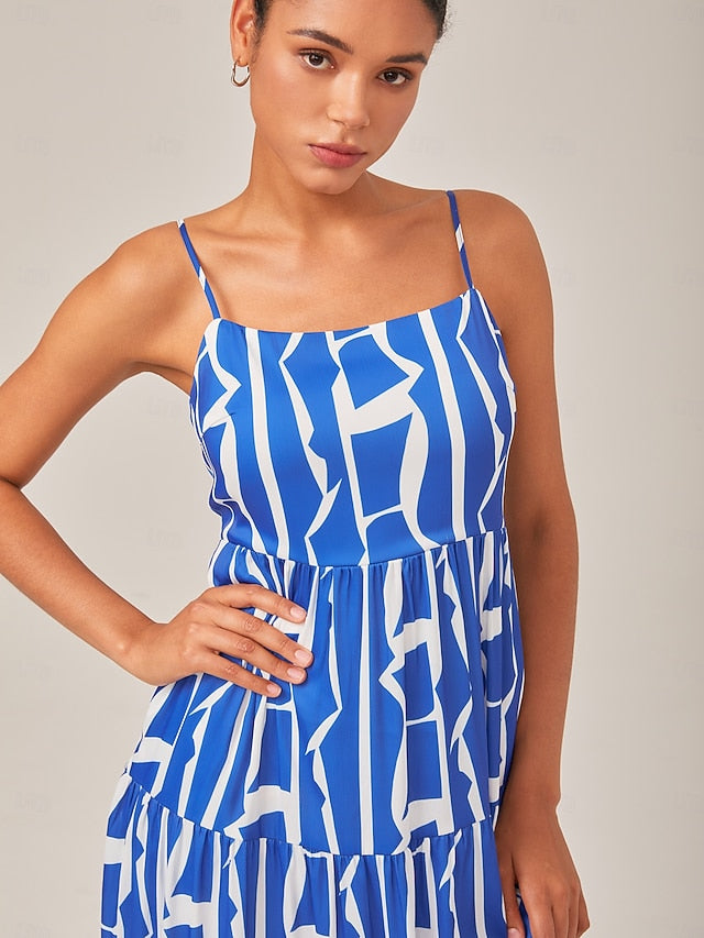 Blue Geometric Pattern Spaghetti Strap Dress