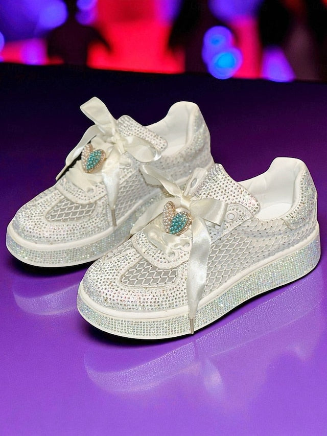 White Women's Rhinestone Sneakers Ribbon with Laces Satin