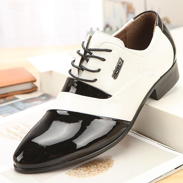 Faux – Patent White Leather Men's Oxford and Black Shoes