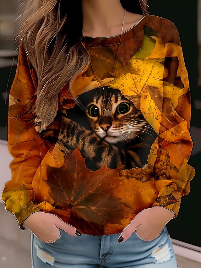 Women's Sweatshirt Pullover Floral Cat Street Casual