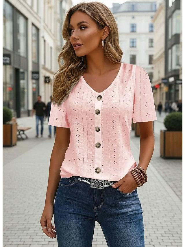 Women's Pointelle Shirt Eyelet Top Buttons Daily Short