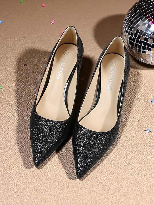 Gold Women's Pointed-Toe Pumps - Sparkly Glitter Stiletto