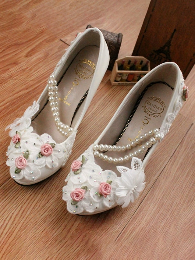 for Floral Strap Bridal Pearl Low Embellished White Heel Shoes