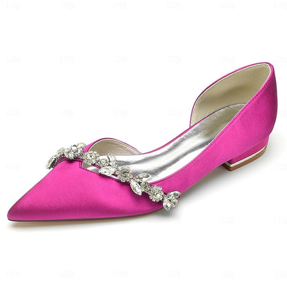 and Wedding Flat with Pointed Toe Shoes White Satin Crystal