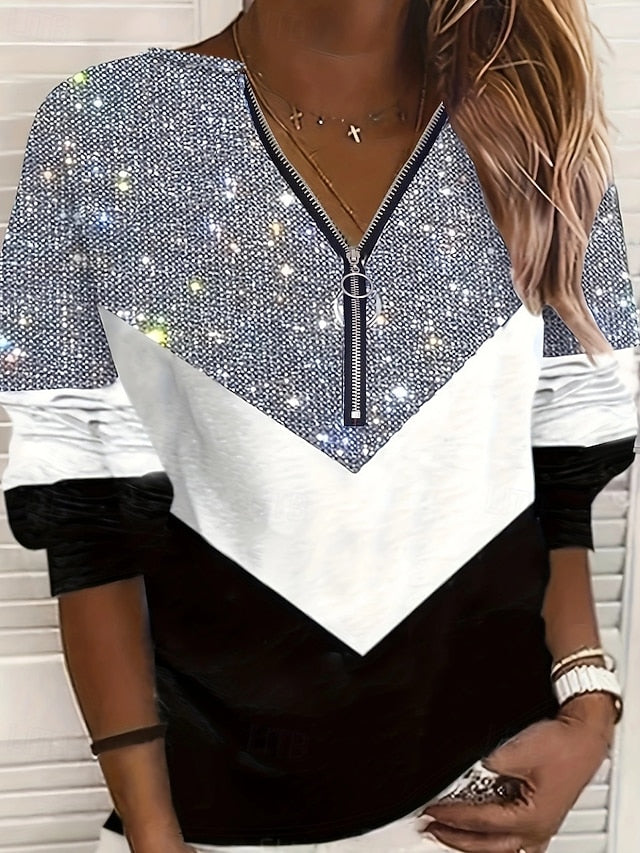 Women's Blouse Sequins Quarter Zip Color Block Elegant