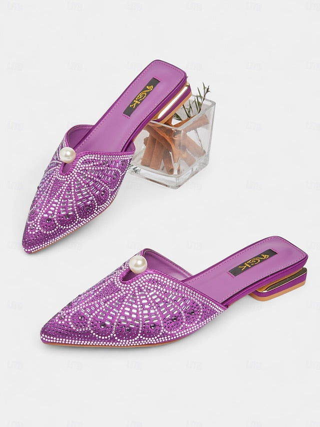 Pearl Mules - Women's Glamorous Detail with Rhinestone Gold