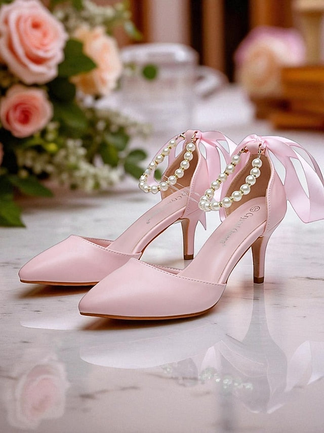 Blue with Ankle Bow Kitten Pumps Pearl - Women's Heel Strap