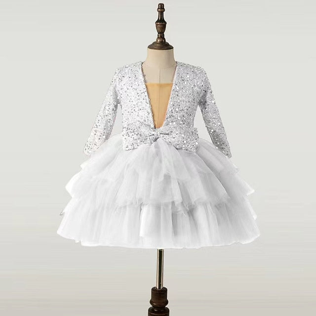 Performance Dress Girls' Party Kids Long Sequin Sleeve