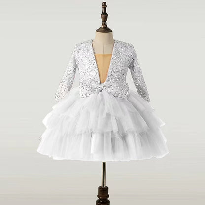 Performance Dress Girls' Party Kids Long Sequin Sleeve