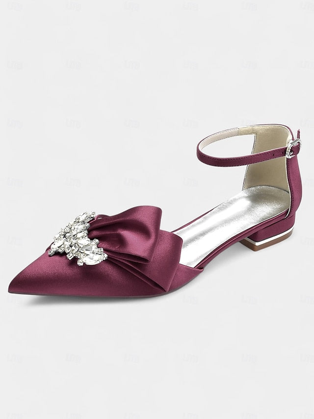 White Satin Rhinestone with and Ankle Pointed-Toe Bow Heels