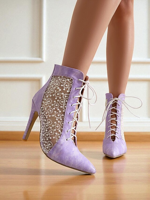 Women's Ankle White Booties Lace with Mesh Stiletto Heels