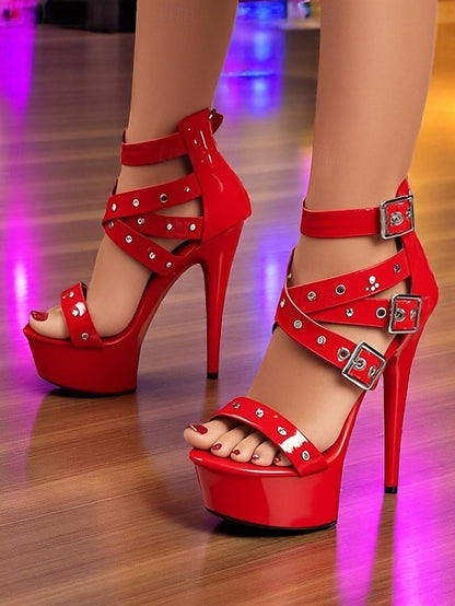 Women's High Platform Buckled White and Straps Heels with