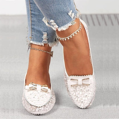 - Flats Bow and Details Pink Floral Lace with Women's
